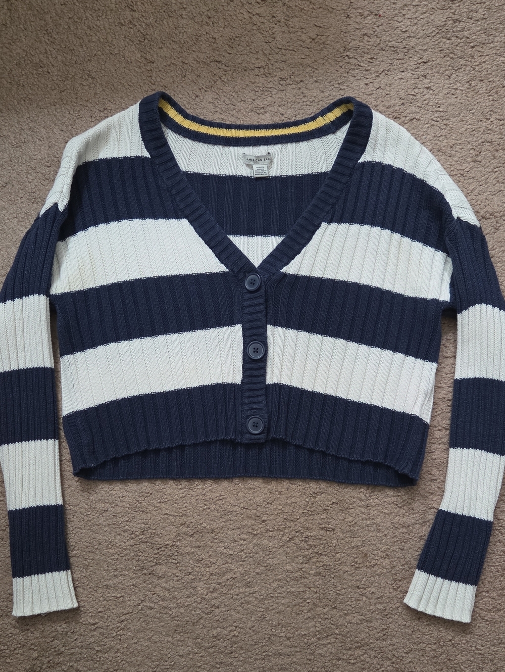 American Eagle Outfitters Cropped V-Neck Button Cardigan - Navy & Ivory